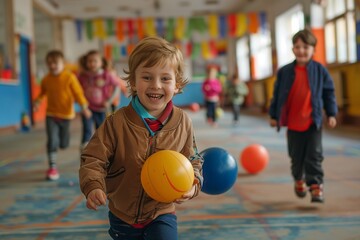 Kids run joyfully in a colorful school gym, playing and having fun with colorful balls