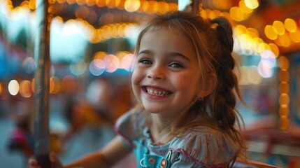Obraz premium A young girl smiles brightly while riding a carousel surrounded by colorful lights