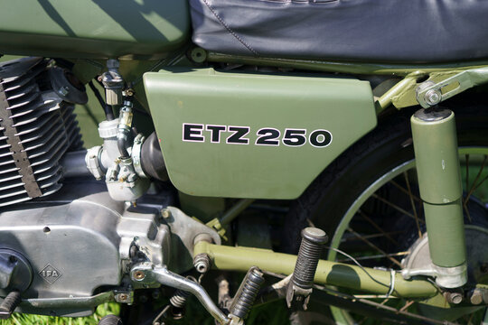 Iserlohn Gruermannscheide, NRW, Germany. 13th of July 2024. MZ ETZ 250 motorcycle emblem on the side