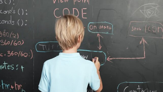 Back view of student writing engineering prompt on blackboard. Handsome clever child or boy planing a project by using coding and programing system in STEM technology classroom. Closeup. Erudition.