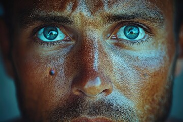 Intense close-up of man with striking blue eyes and weathered skin