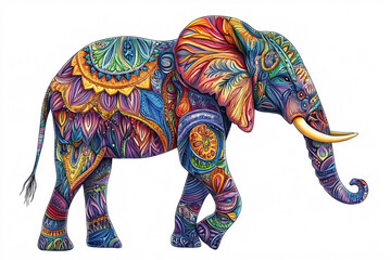 Fototapeta premium Colorful stylized elephant illustration with intricate patterns and vibrant details blending nature with artistic decorative elements 