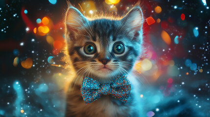 Whimsical Baby Cat in Glittery Bowtie for Christmas