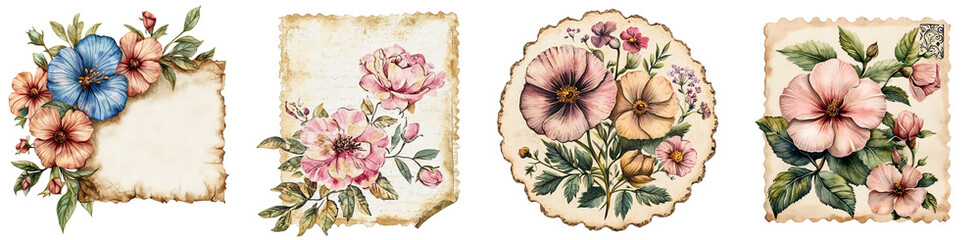 vintage floral decorations in various shapes with pastel colored flowers transparent background