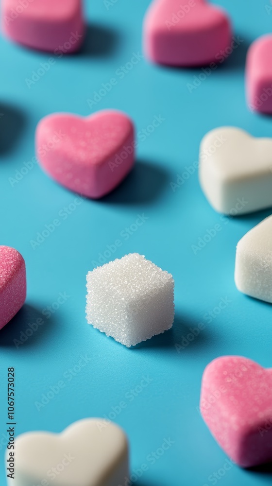 Poster white sugar cube placed on a vibrant blue surface, surrounded by several pink and white heart shaped