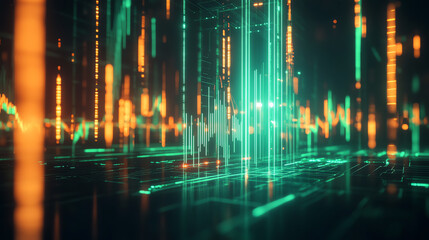 Bitcoin rising in value, green arrows and bars, dynamic lighting, sleek cryptocurrency concept, professional digital render