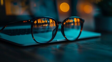 Eyeglasses reflecting warm lights, placed on a laptop