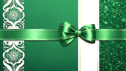 Image is a digital illustration featuring a festive and elegant design ,green  background  ,there  is a vertical strip of white glittery texture,   gold satin ribbon   , decorative bow