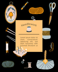 Needlework sew knit embroidery flyer vector art