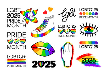 LGBT Pride Month 2025 Pack. Brush stroke LGBT flag, logos, symbols, icons, and stickers.