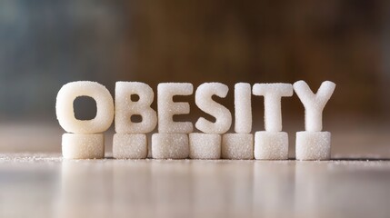 Sugar cubes form the word obesity on a wooden table, highlighting the link between excessive sugar intake and weight gain, promoting awareness of healthy eating habits and a low sugar lifestyle