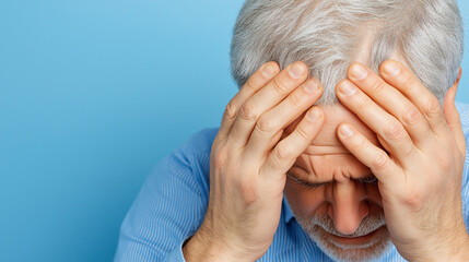 Fototapeta premium Stressed Man Holding Head in Hands Blue Background