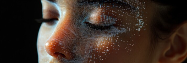 A detailed closeup of a face being scanned, showcasing digital data mapping on human skin. The image symbolizes technology, privacy, identity, security, and the future.