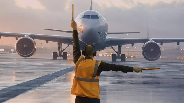 Ground Crew Member Marshalling Aircraft At Dawn On Wet Airport Tarmac Safety Operation