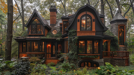 Fototapeta premium The home has ornate wooden windows, turrets on each side, a large front porch made from natural wood, a small fireplace, rustic yet elegant architecture, and lots of natural light.