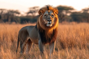 Majestic male lion standing in golden sunset light in african savanna