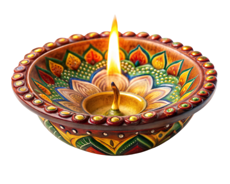 Colorful diya lamp with flame, vibrant design, transparent or white isolated background.