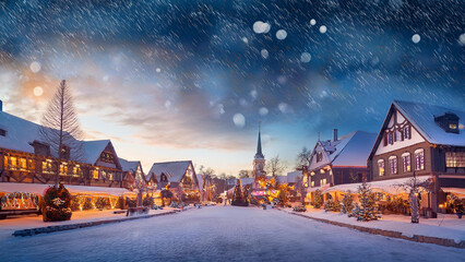 Cozy Snowy Village with Santa's Reindeer and Christmas Lights