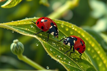 Obraz premium Two Ladybugs on a Green Leaf
