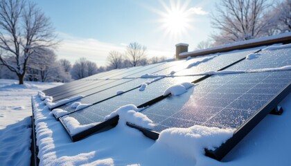 Solar panels in winter sunlight: snow-covered renewable energy with sunlit trees and blue sky