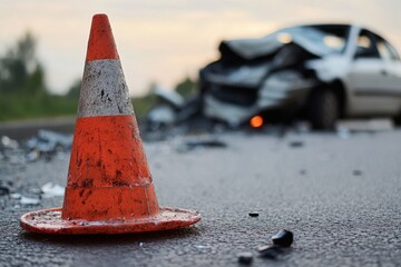 Orange traffic cone warning of car crash on wet road