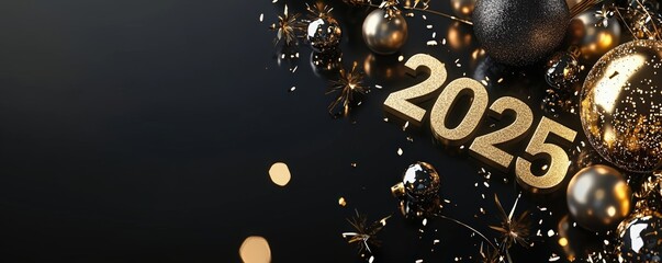 Happy New Year background with golden numbers "2025" and party decorations on a dark brown and beige color palette