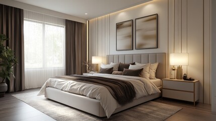 Luxurious Modern Bedroom with White Bed and Beige Walls