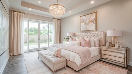 Fototapeta premium A Modern Bedroom with a Large Bed, Pink Bedding, and a Chandelier