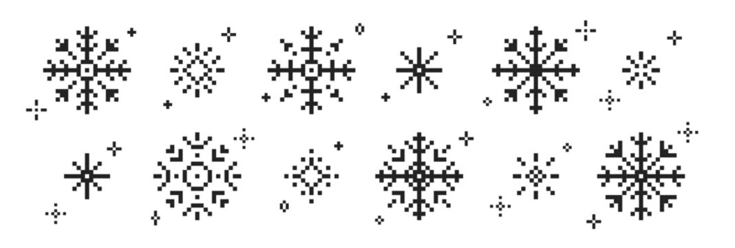 Set of snowflakes or snow icon in pixel art. Retro vector illustration.