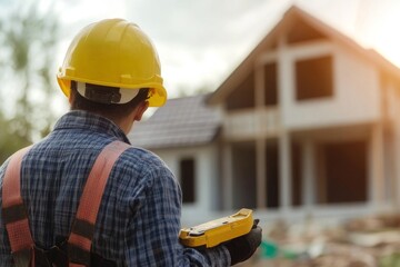 A Construction Worker Observing the New Home Build at Beautiful Sunset, Appreciating the Hard Work and Craftsmanship