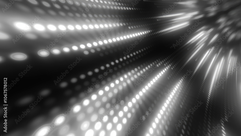 Poster abstract black-and-white dot pattern with blurred motion effect, creating a sense of depth and dynam