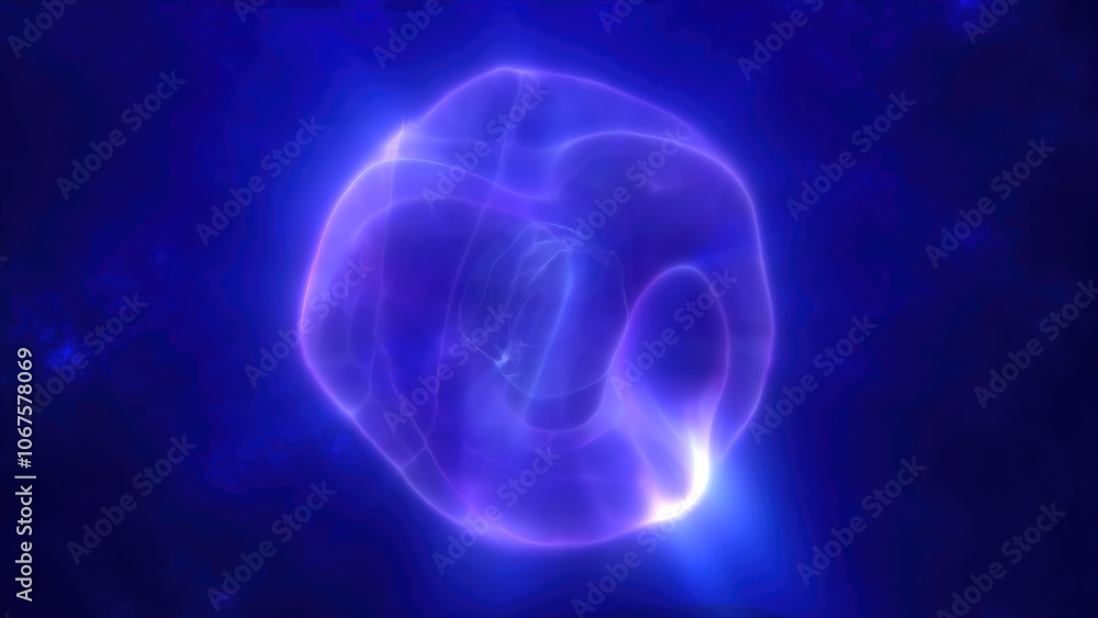 Poster a glowing ethereal purple sphere with a soft flowing core floating against a dark mysterious backgro