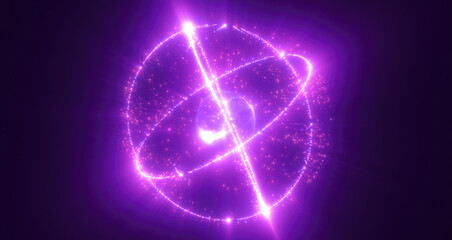A brilliant purple sphere with glowing circular trails and particles, radiating light, energy, and cosmic mystery