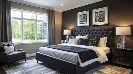 Fototapeta premium Modern Bedroom with Black Leather Bed and Cityscape Artwork
