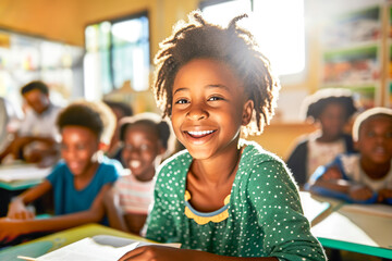 Portrait of smiling Black African girl in school classroom setting, educational support, integration efforts. Concept of government-backed social programs aiding migrant and refugee children inclusion