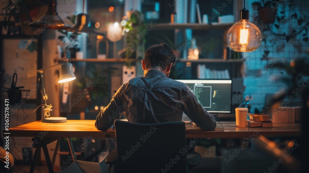 Aufkleber programmer working late at night in a cozy workspace