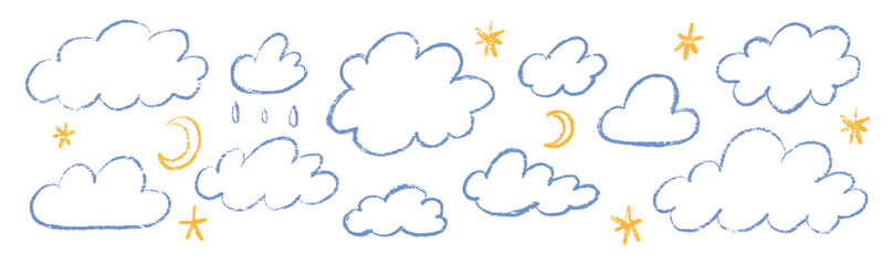 Set of crayon clouds, stars and drops. Hand drawn outline vector kids crayon illustration isolated on white background.