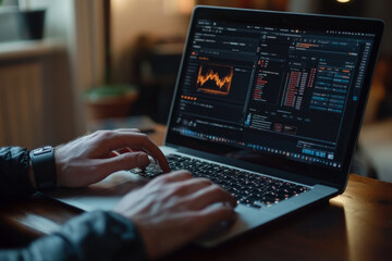 Software engineer programming and analyzing code and graphs on laptop at night