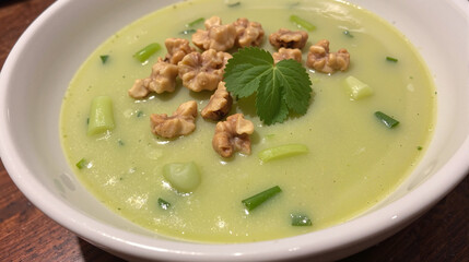 Creamy green soup with walnuts and herbs in white bowl