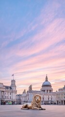 Obraz premium Majestic bronze lion resting at dusk in front of the grand gallery in Trafalgar Square, London, showcasing vibrant skies