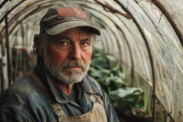 Obraz premium Portrait of senior farmer working in greenhouse growing vegetables