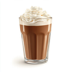 A glass of chocolate milk with whipped cream, isolated on a white background, showcasing a sweet beverage
