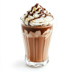 A glass of chocolate milkshake with whipped cream, isolated on a white background, highlighting a sweet drink