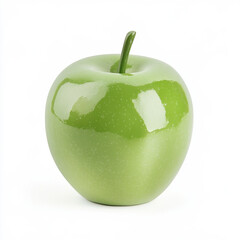 A single green apple with a glossy surface, isolated on a white background, emphasizing a crisp fruit
