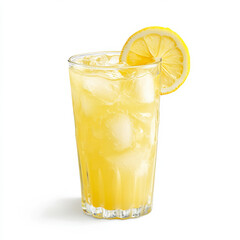 A cup of fresh lemonade with a lemon slice, isolated on a white background, showcasing a refreshing summer drink