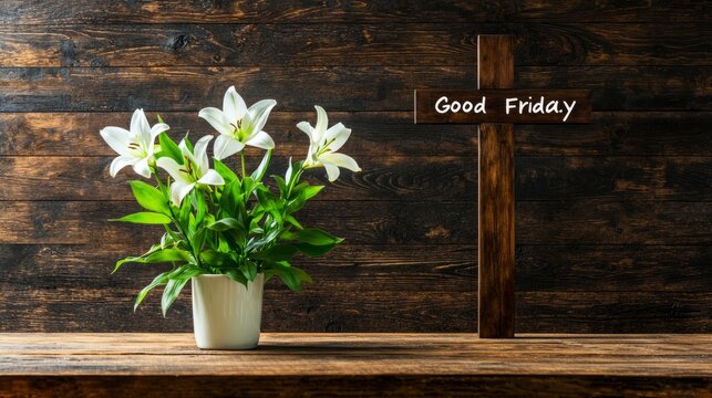 A wooden cross with the words 'Good Friday' written on it stands against a rustic wood background, with white lilies in a pot to the left. - Powered by Adobe