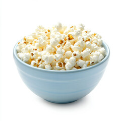 A bowl of freshly popped popcorn with butter, isolated on a white background, highlighting a light snack