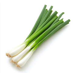 A fresh green scallion, isolated on a white background, highlighting its crisp and flavorful appeal