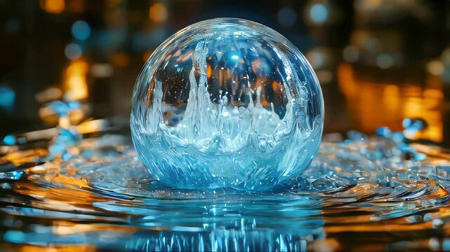 Crystal-clear water sphere splashing on a reflective surface, illuminated by ambient light