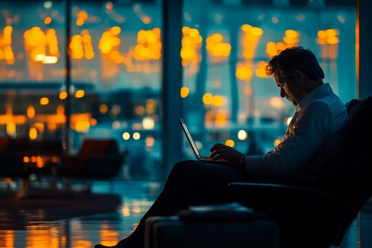 Businessman working on laptop in airport lounge at night